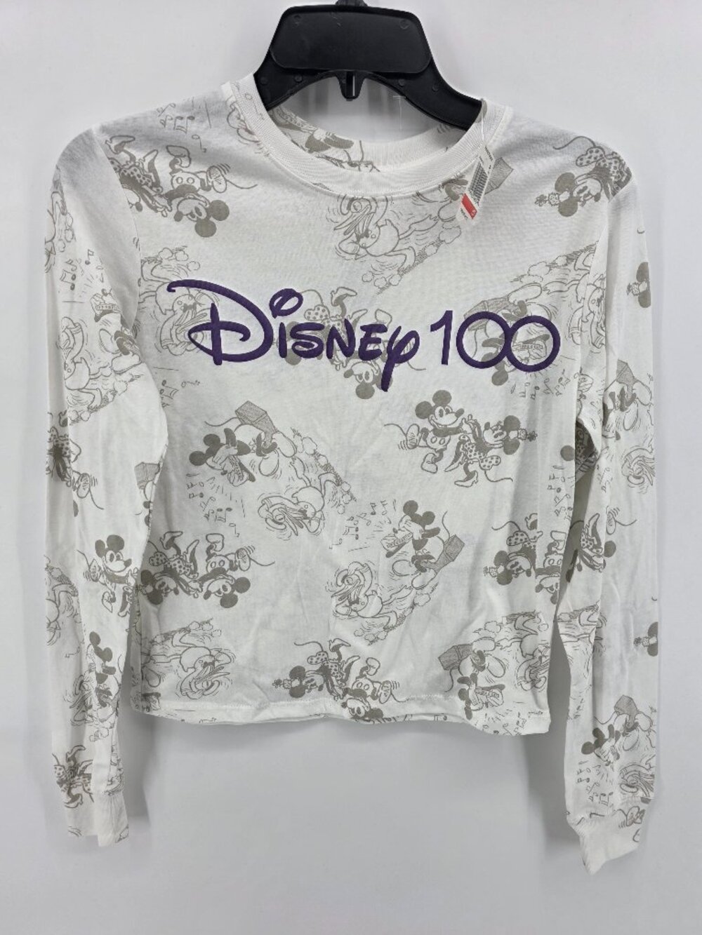 Disney 100 Anniversary Allover‎ Print Long Sleeve Crop Top White XS NWT